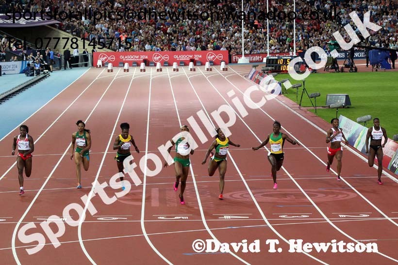 Blessing Okagbare (Nigeria) wins the 100 metres at the Commonwealth Games, Glasgow. Photo: David T. Hewitson/Sports for All Pics